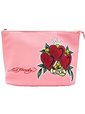 NWT Ed Hardy Pink Fun Fashion Cosmetic Case Pouch Bag w/Red Heart Love Graphic 🩷
